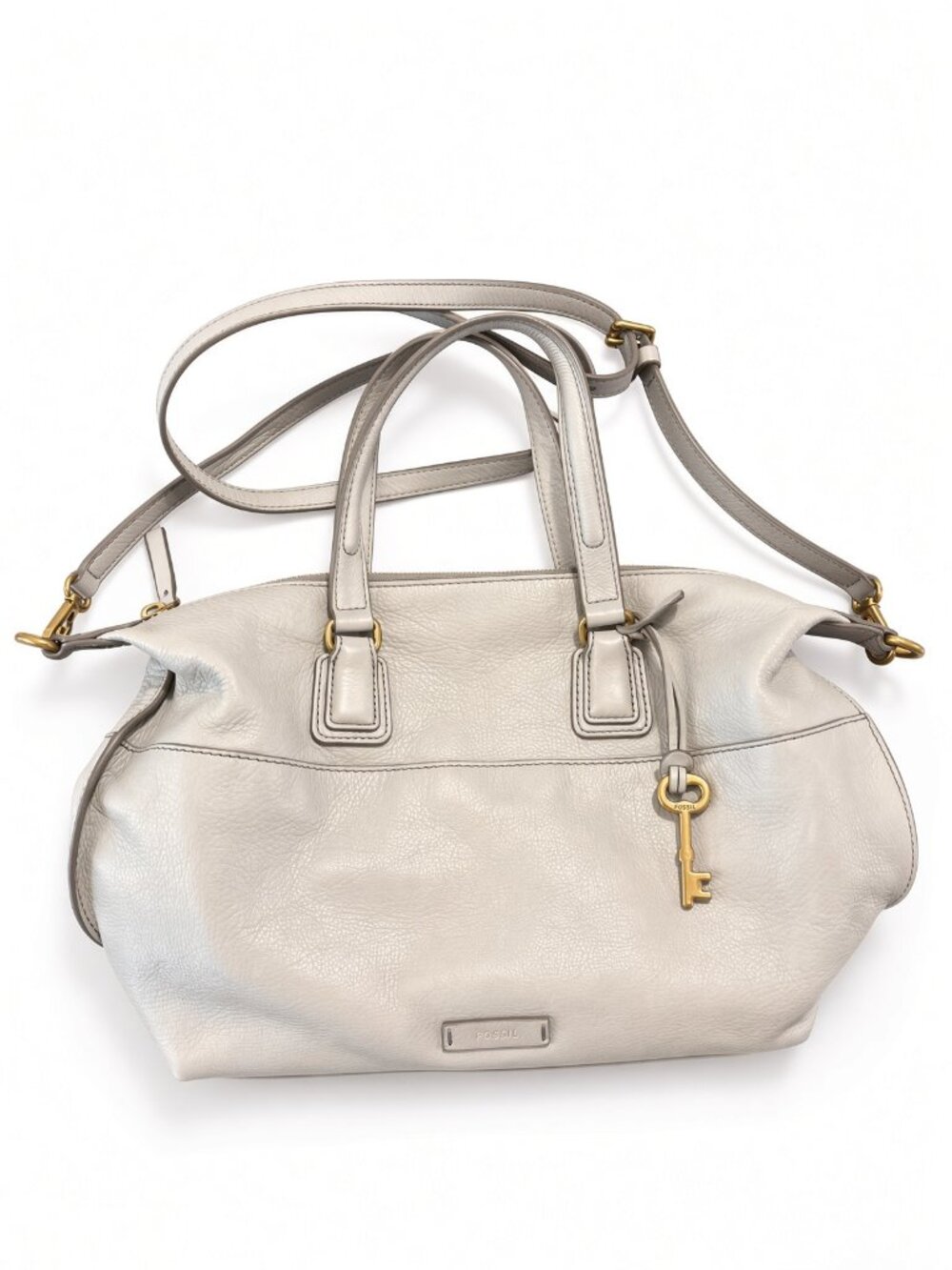 Fossil Gray Pebbled Leather Satchel Purse Gold HW Key Charm Crossbody